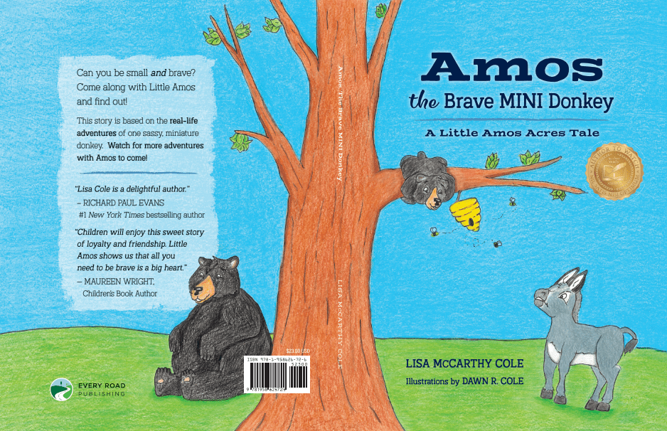 Cover of the children's book with a donkey, bees' nest, and bear sitting by a big oak tree.